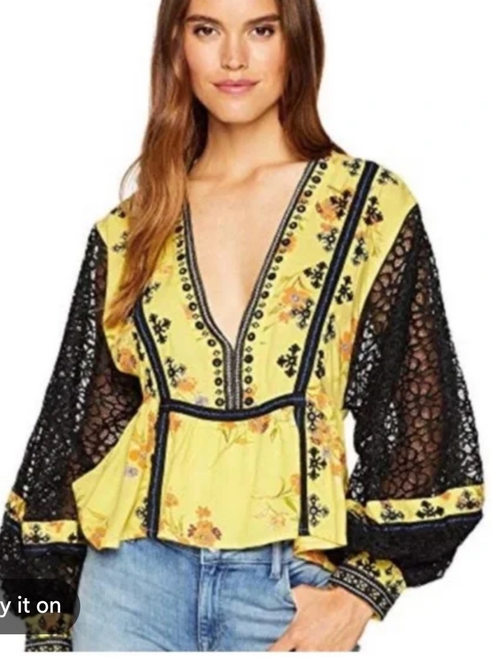 Free People Yellow Floral V-Neck Tunic with Black Lace Sleeves